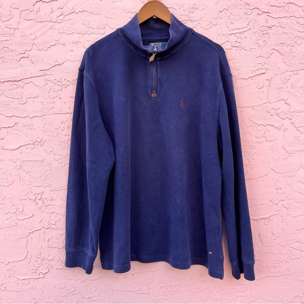 Vintage Polo Ralph Lauren Ribbed 1/4 Zip Navy Blue Cotton Adult Size XL Flaw